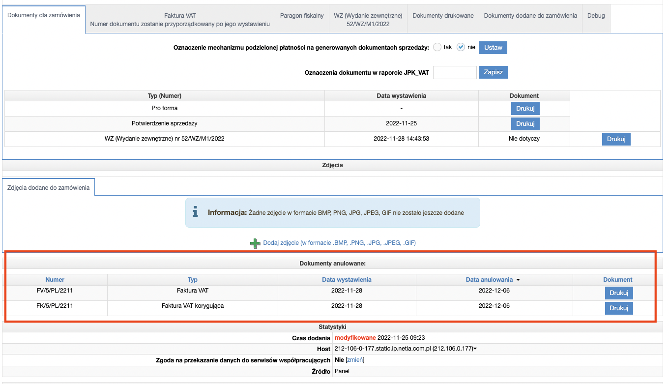 Karta zamówienia - lista dokumentów anulowanych