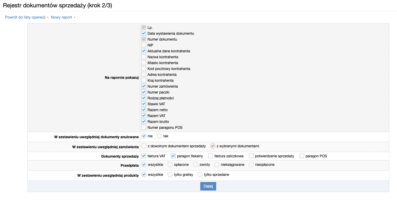 Rejestr dokumentów sprzedaży - filtrowanie danych