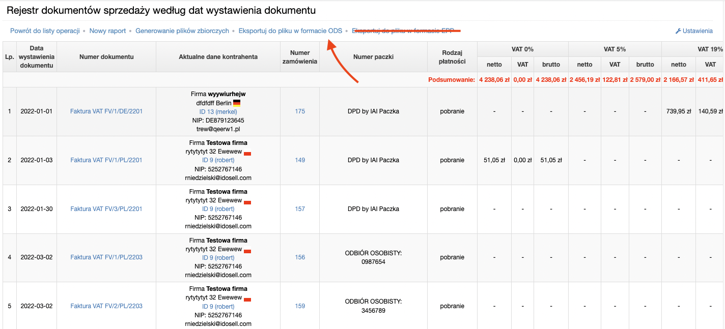 Rejestr dokumentów sprzedaży - eksport do ODS