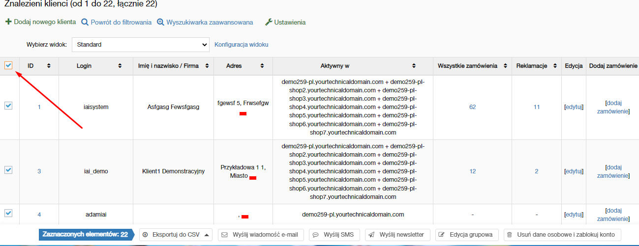 Zaznaczenie listy klientów