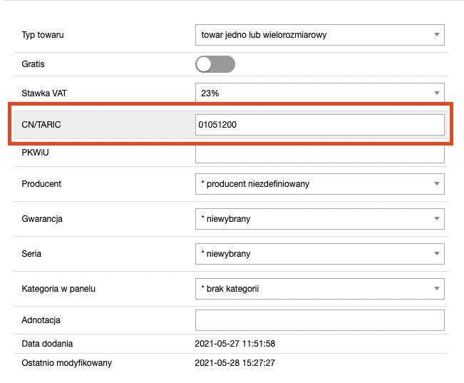 Karta towaru - uzupełnienie pola CN/TARIC