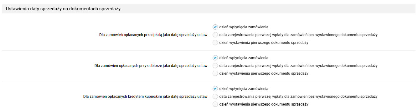 Ustawienia domyślnej daty sprzedaży dla konkretnych rodzajów płatności