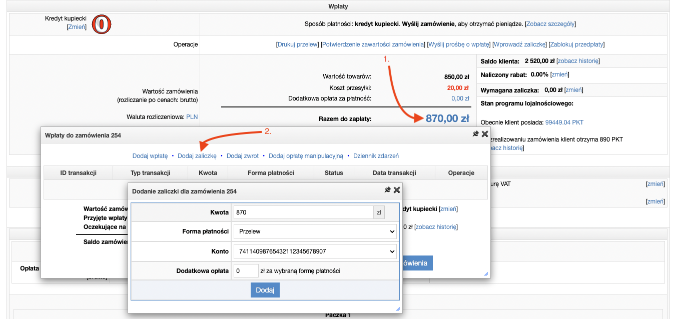 Dodawanie częściowej wpłaty do zamówienia
