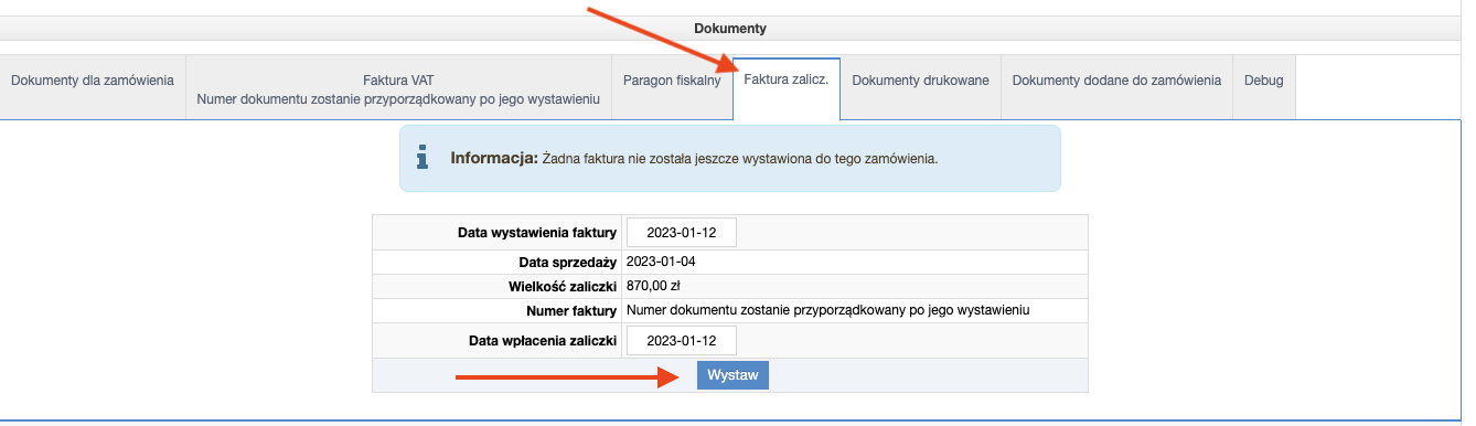 Wystawienie faktury zaliczkowej