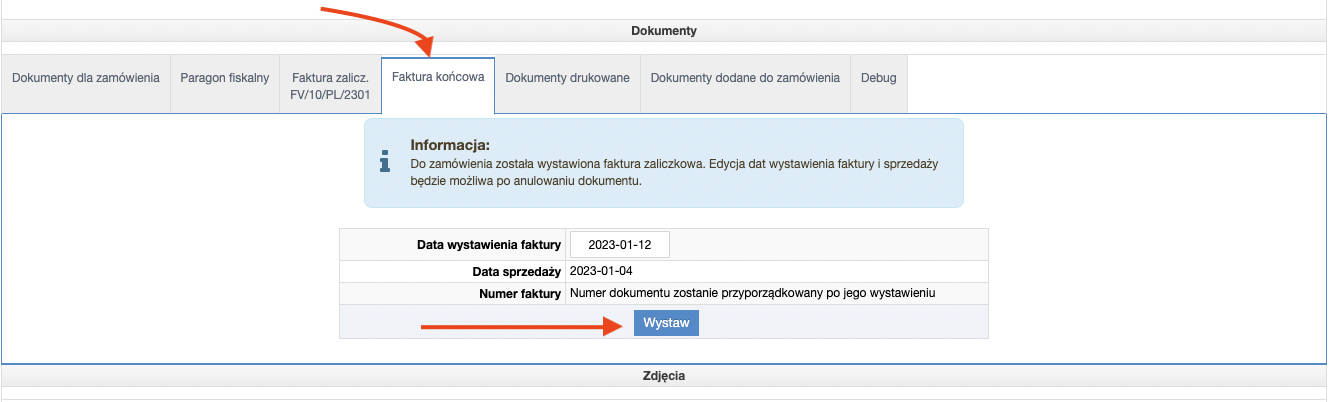 Wystawienie faktury końcowej