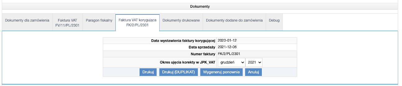 Wygenerowanie ponowne faktury z nowymi danymi