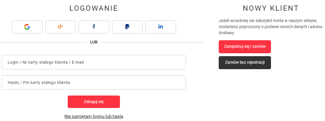 Rejestracja klienta i zakup bez rejestracji