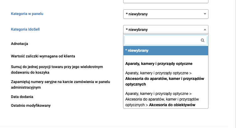 Ustawienie kategorii Idosell na karcie towaru