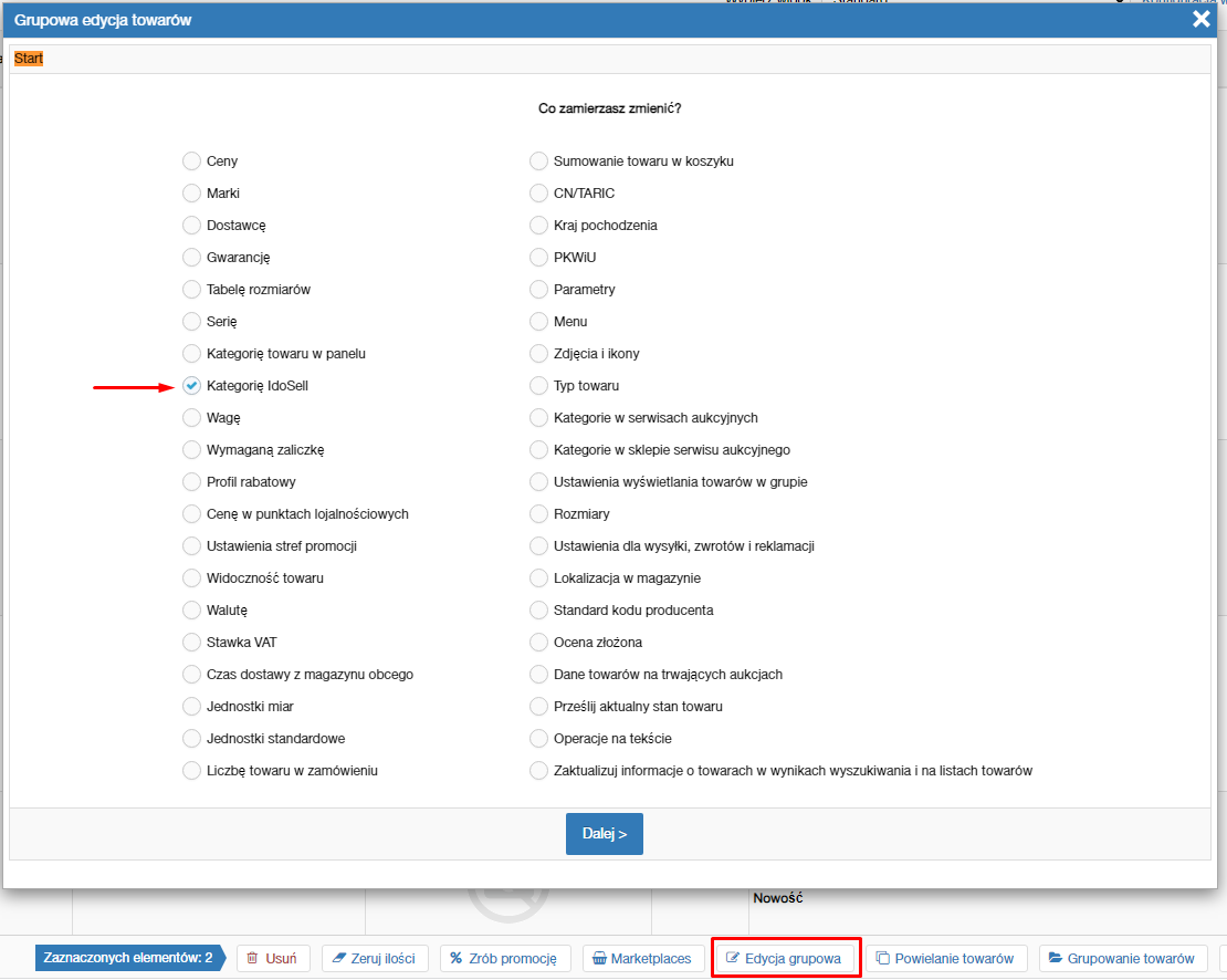 Edycja Grupowa Towarów - kategoria Idosell