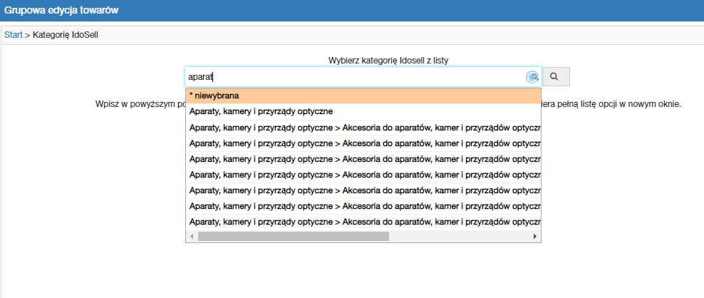 Edycja Grupowa Towarów - wybór kategorii Idosell