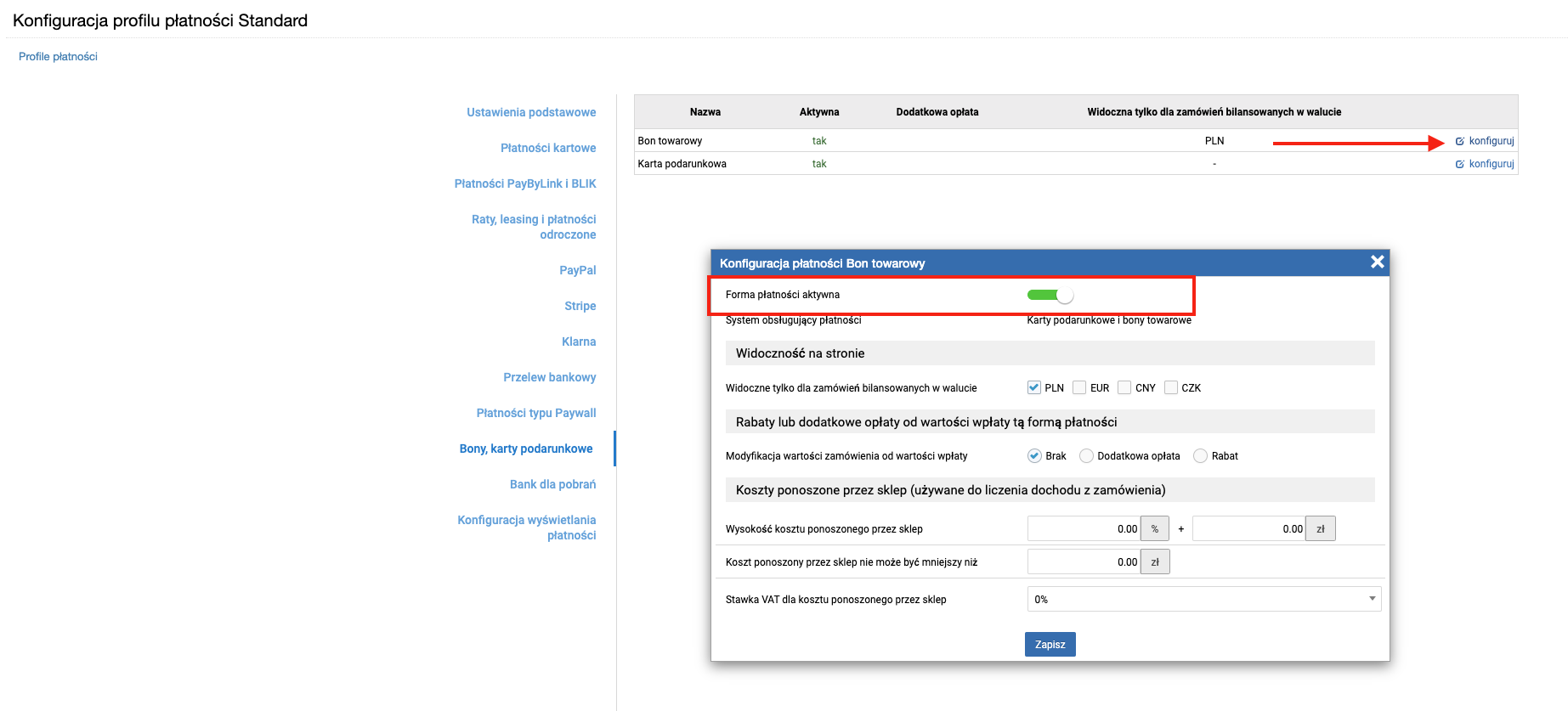 Aktywacja płatności bonami i kartami podarunkowymi w sklepie