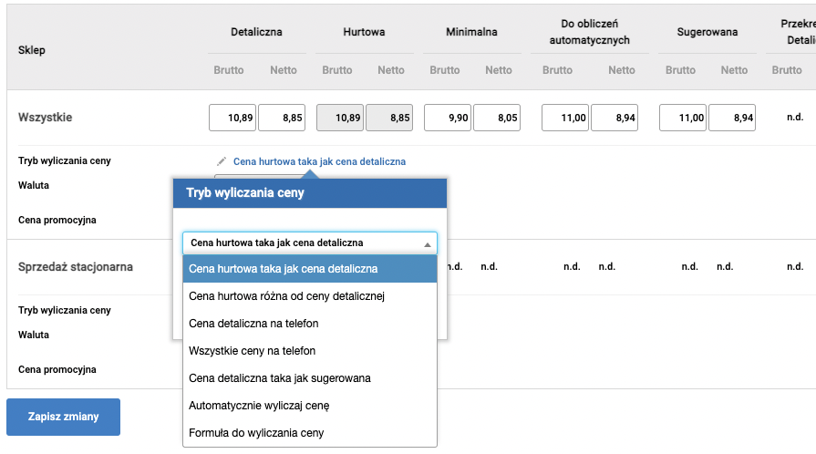 Ustawienie trybu wyliczania ceny