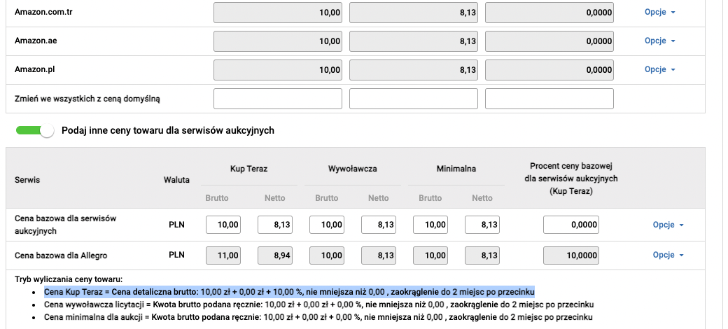 Inne ceny dla serwisów aukcyjnych