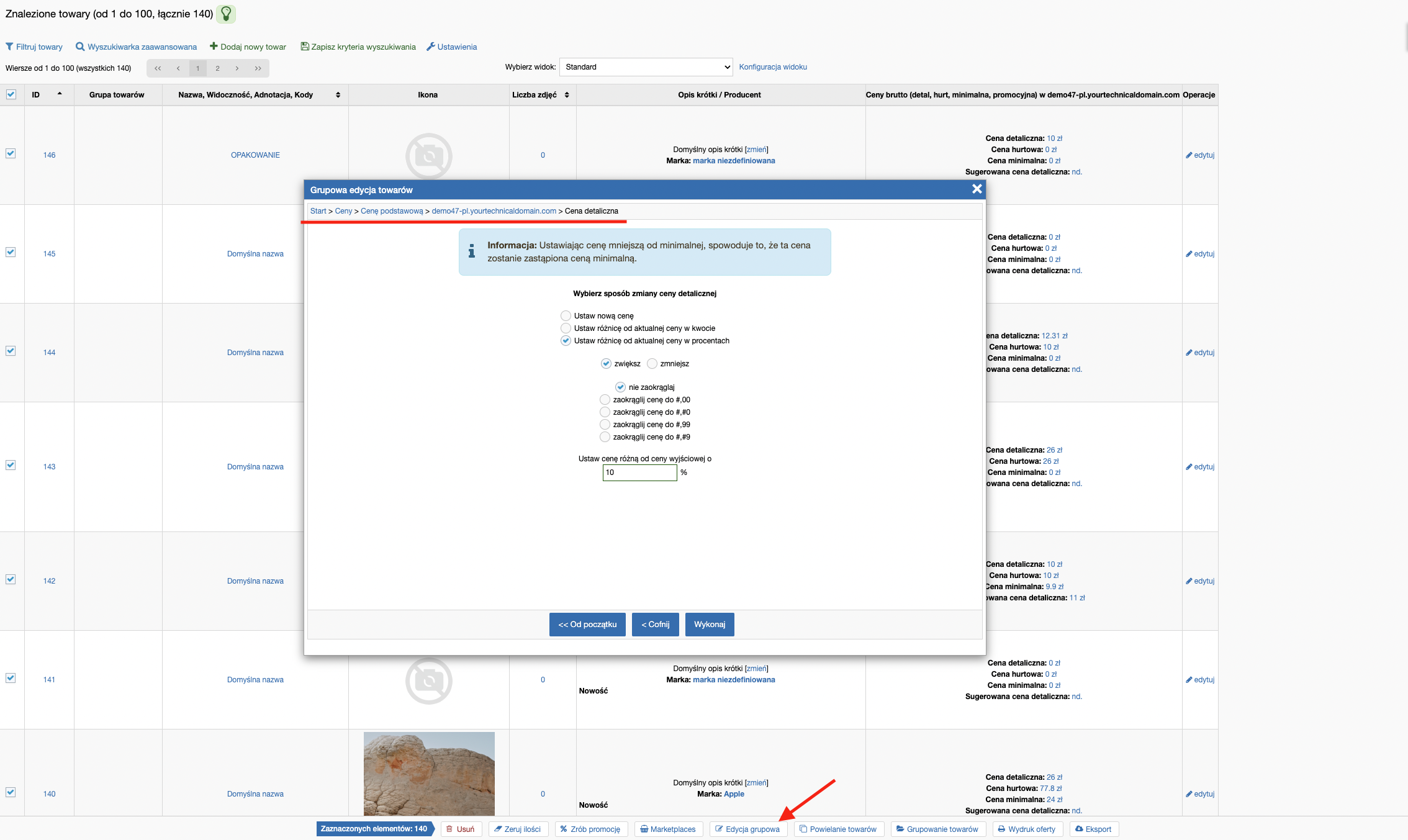 Grupowa edycja cen - zmiana ceny detalicznej