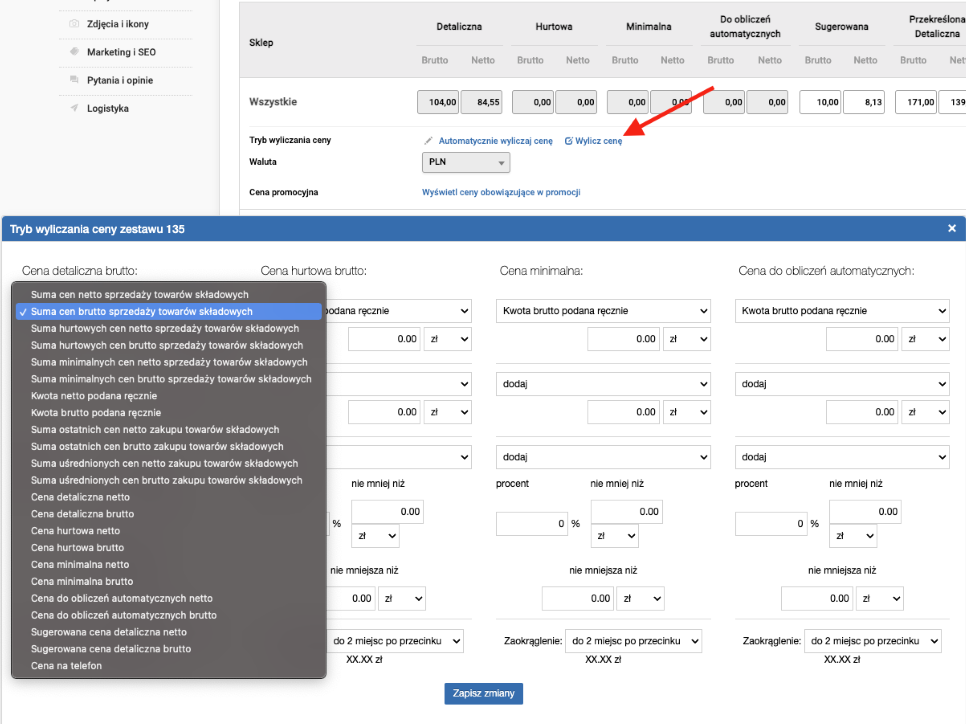 Wybór automatycznego wyliczania cen dla zestawów