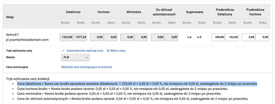 Wskazanie jak wyliczana jest automatyczna cena dla kolekcji