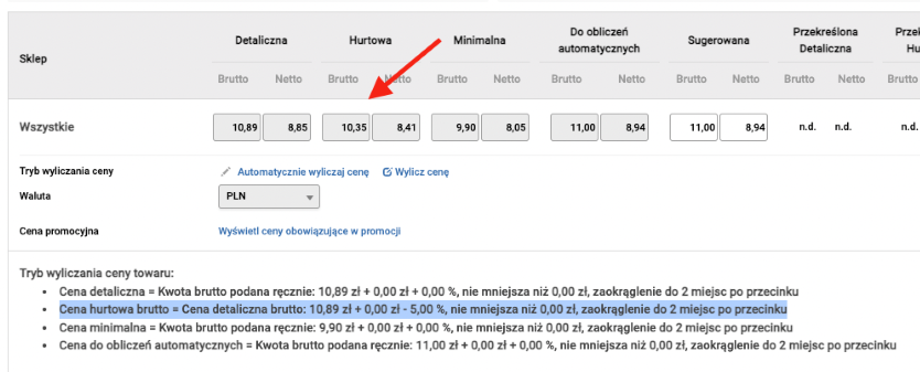 Prezentacja automatycznego wyliczania cen - pole cena zablokowane