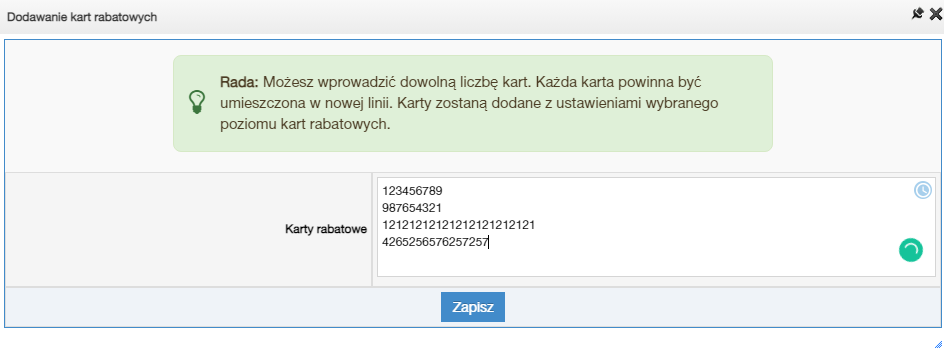 Dodawanie wielu kart rabatowych