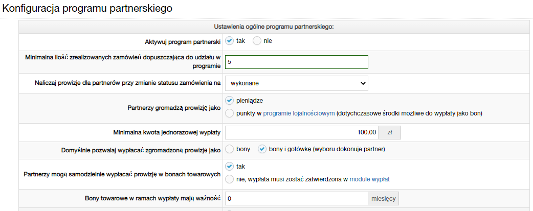 Ustawienia programu partnerskiego