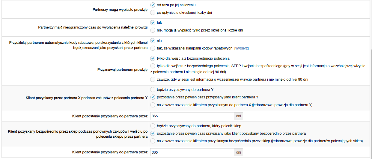 Dalsza część ustawień programu partnerskiego