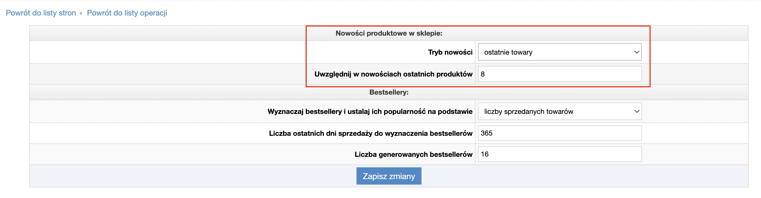 Widok konfiguracji nowości w panelu IdoSell