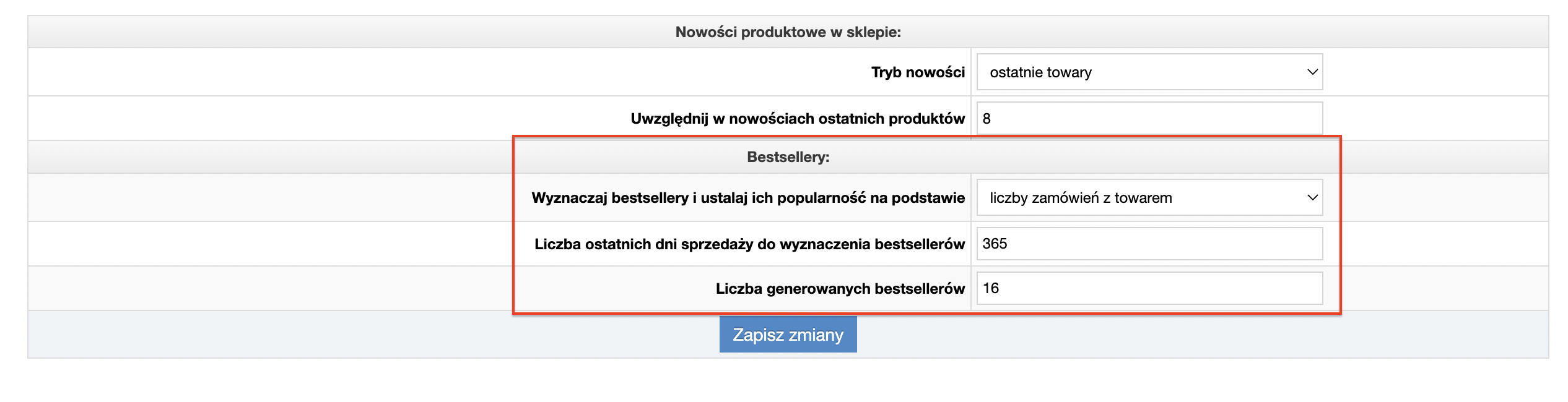 Widok konfiguracji bestsellerów w panelu IdoSell