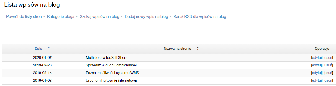 Lista wpisów blogowych w panelu