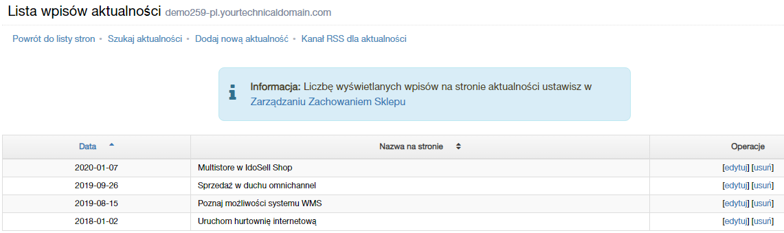 Lista aktualności w panelu