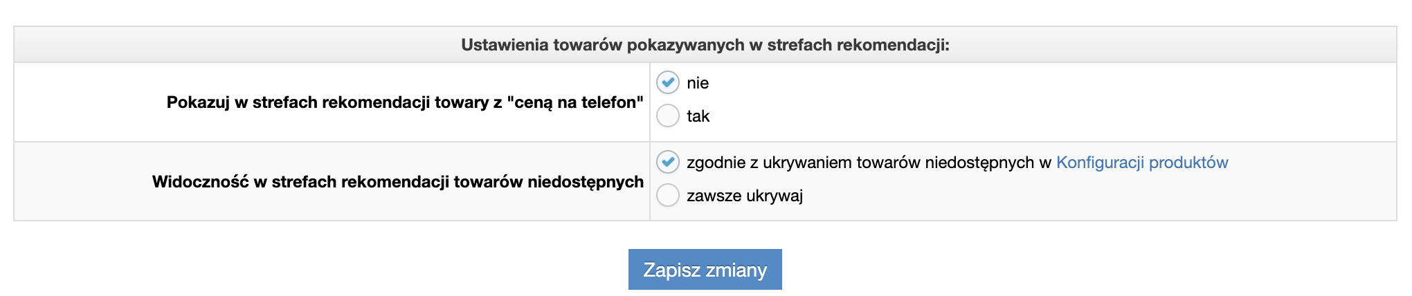 Ustawienia towarów pokazywanych w strefach rekomendacji