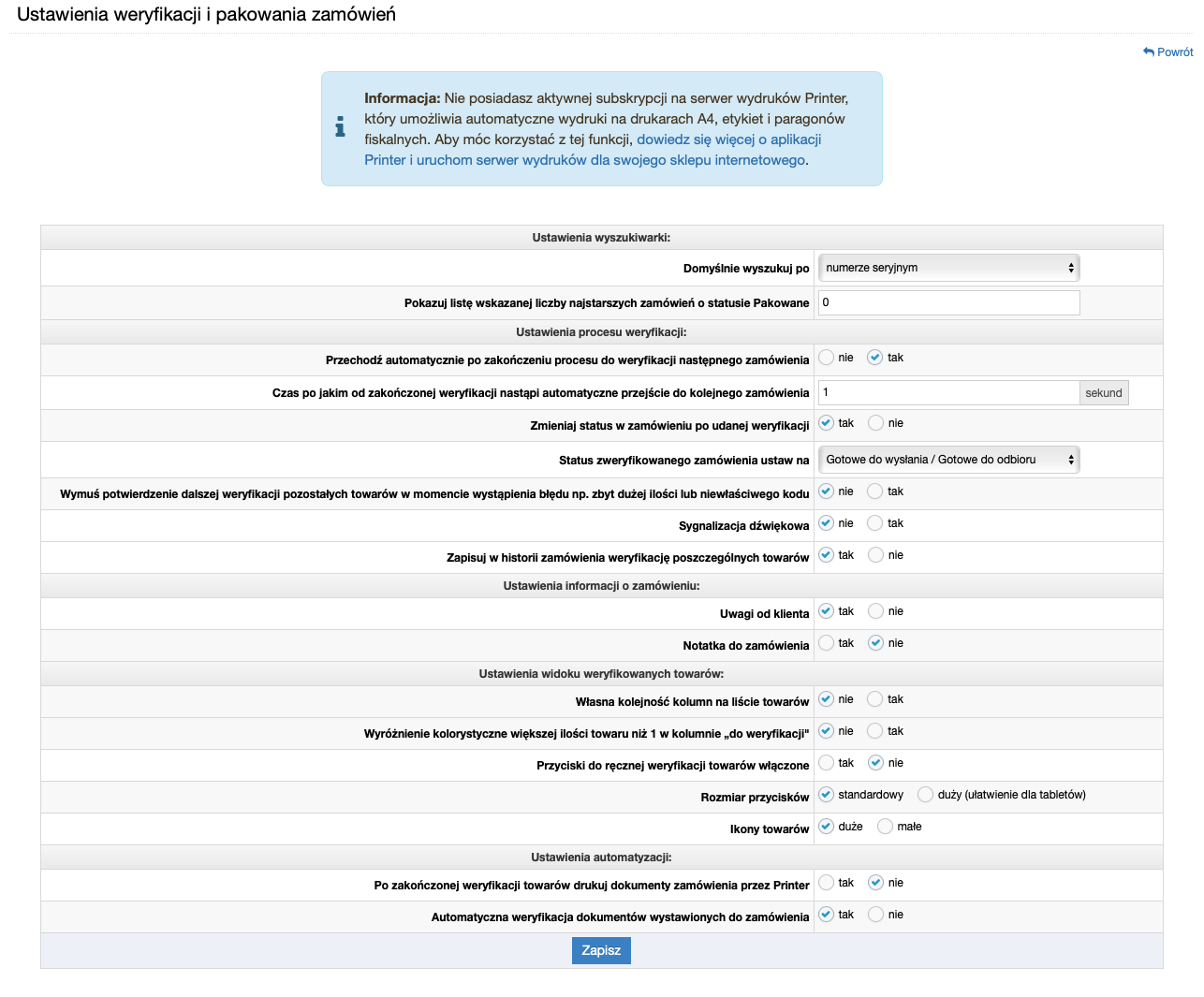 Ustawienia weryfikacji - opcje