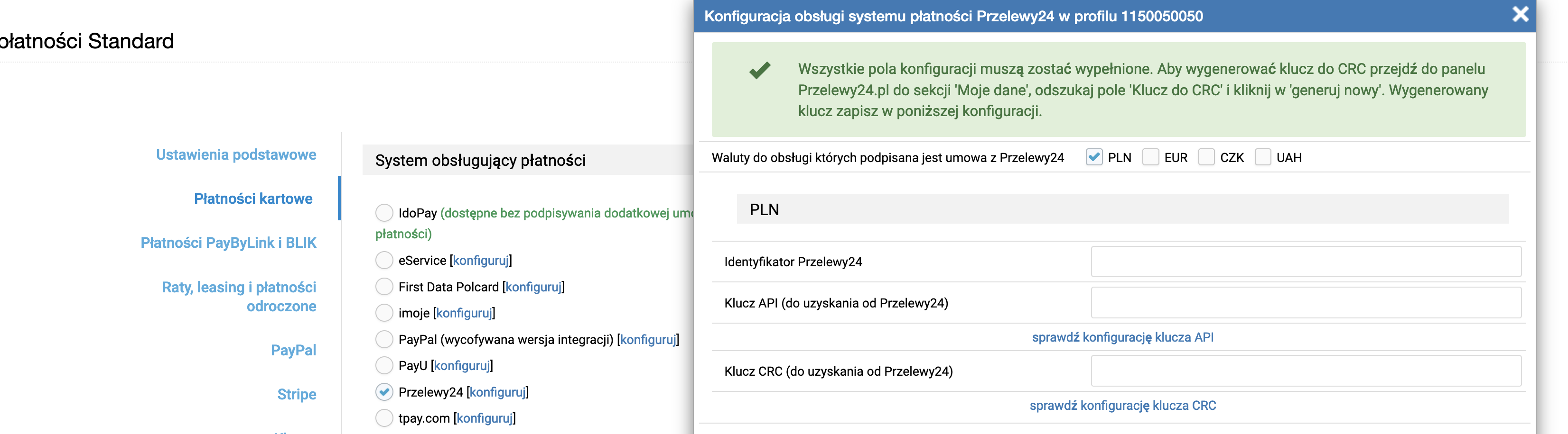 Konfiguracja obsługi systemu płatności