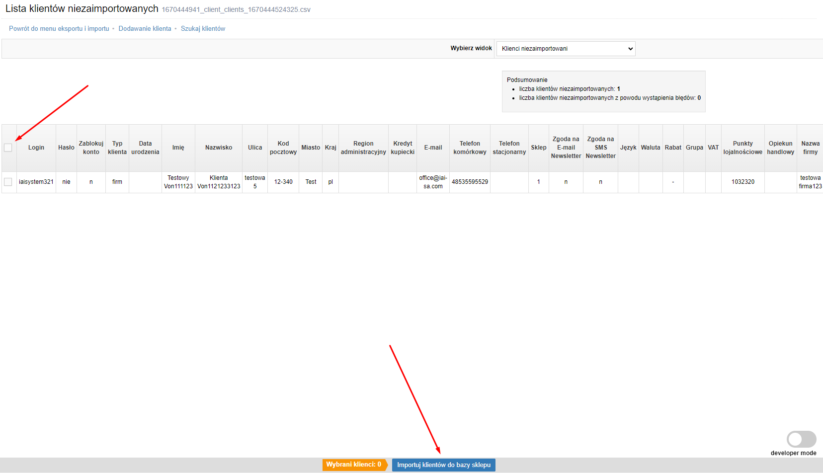 Oznaczenie klientów których chcesz importować do systemu