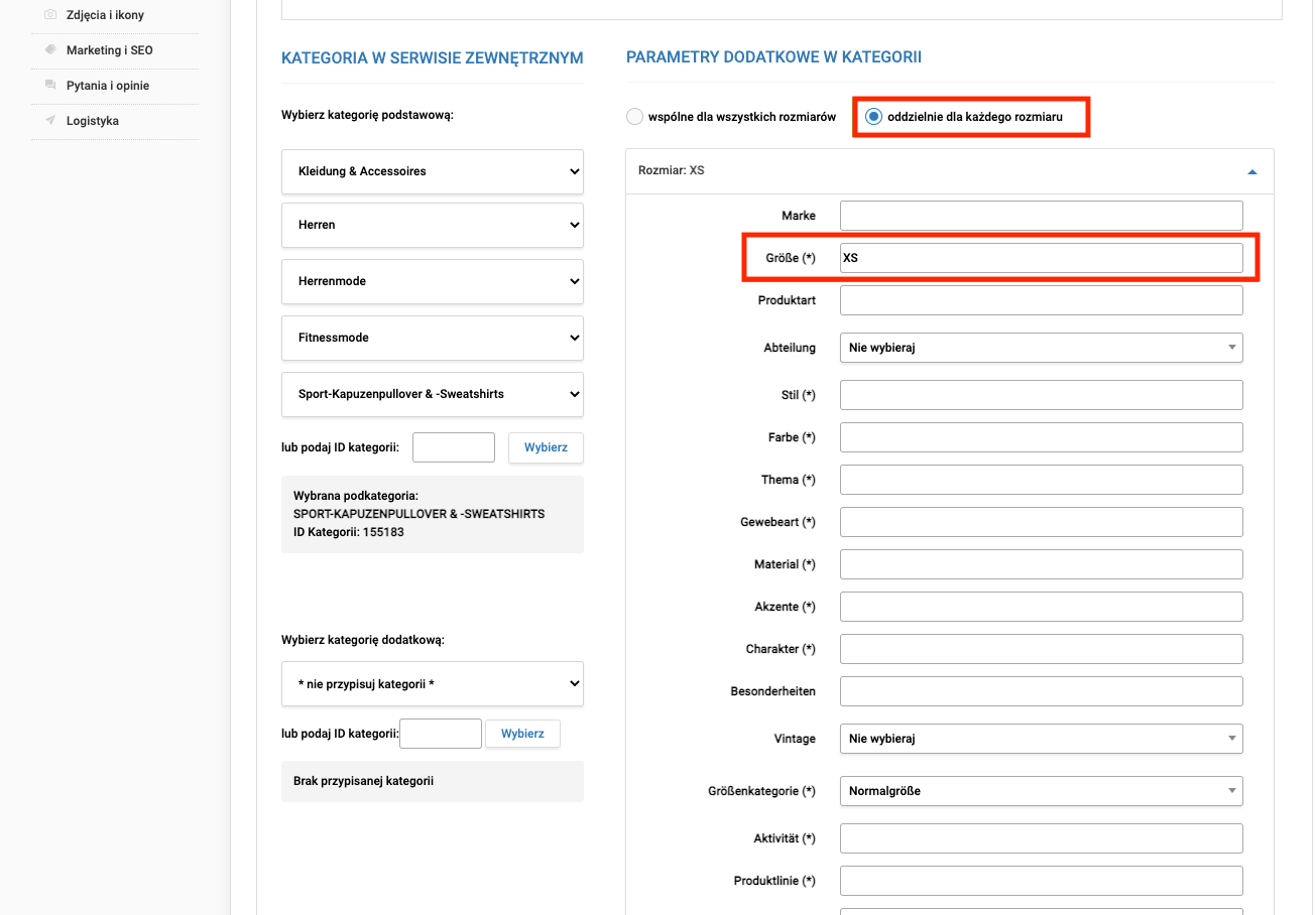 Widok parametrów na karcie towaru (eBay)