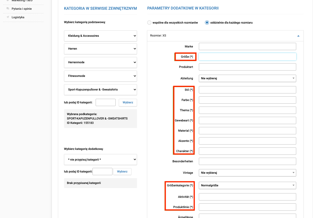 Parametry rozróżniające na karcie towaru