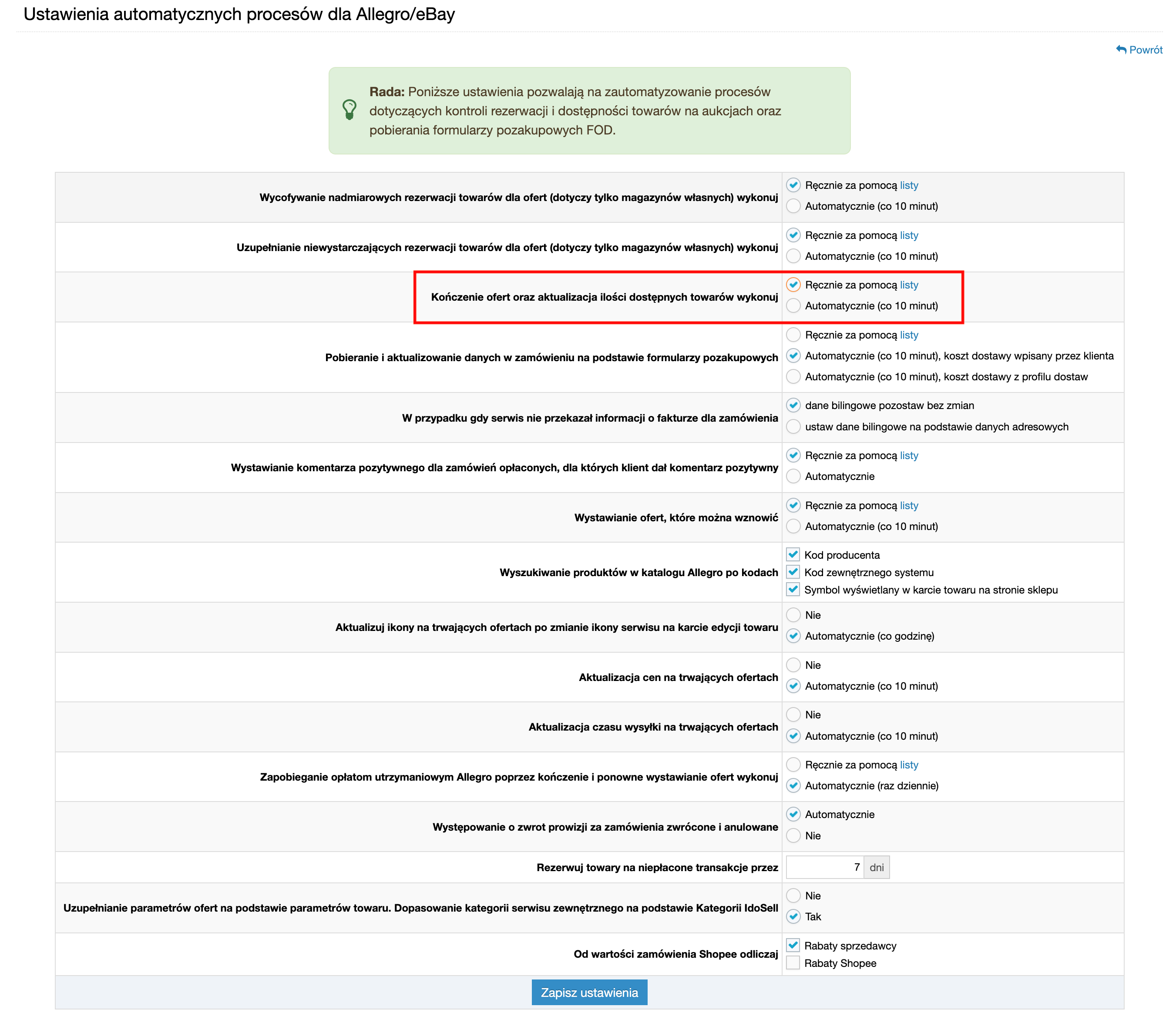 Widok wyłączonego automatu do synchronizacji stanów w serwisach zewnętrznych