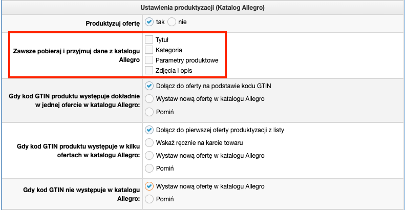 Ustawienia produktyzacji w profilu ustawień Allegro