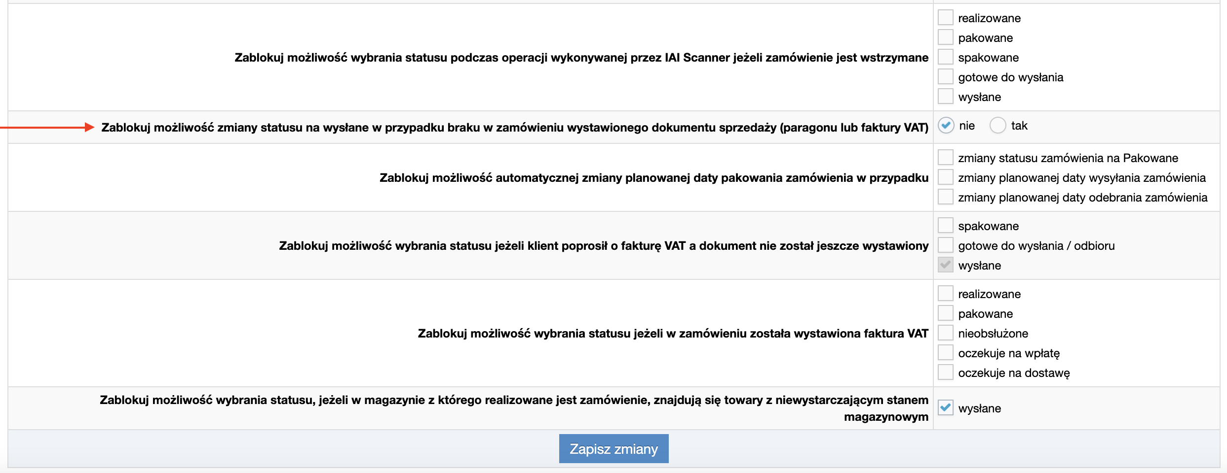 Blokada zmiany statusu zamówienia  jeżeli dokumenty sprzedaży nie zostały wystawione