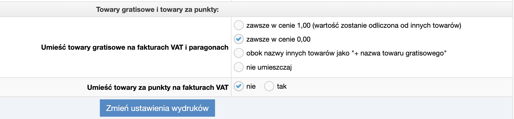 Ustawienia wydruków dokumentów sprzedaży - towary gratisowe