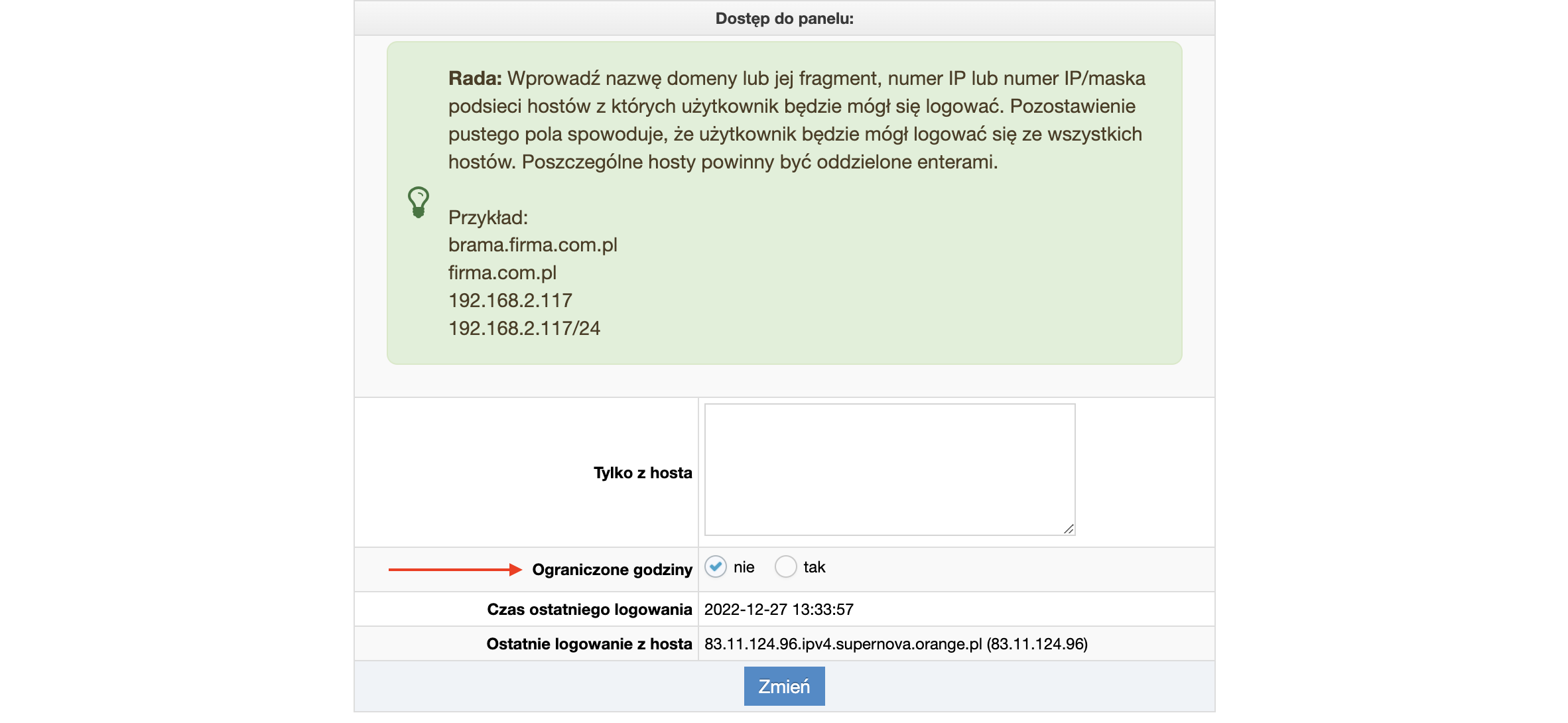 Ustawienie godzin dostępu do panelu