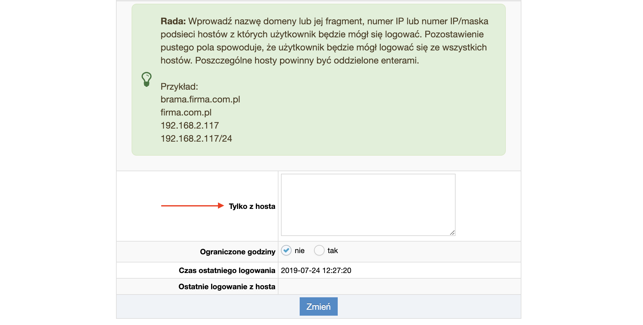 Ustawienie adresów IP z których dany użytkownik może logować się do panelu