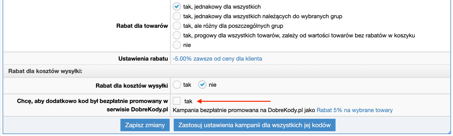 Ustawienia kodu rabatowego - dobrekody.pl