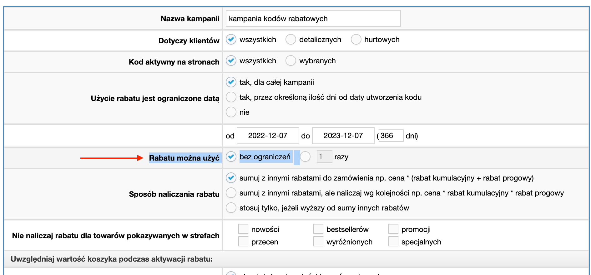 Ustawienia kodu rabatowego bez limitu użycia - dobrekody.pl
