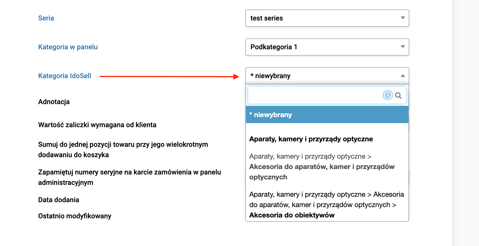 Ustawienie kategorii Idosell na karcie towaru - dobrekody.pl