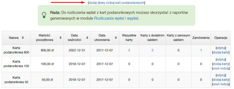 Lista rodzajów kart