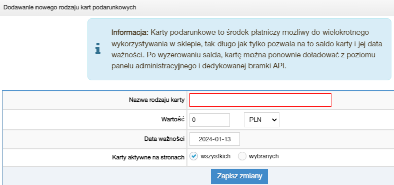 Dodawanie nowego rodzaju karty - uzupełnienie danych