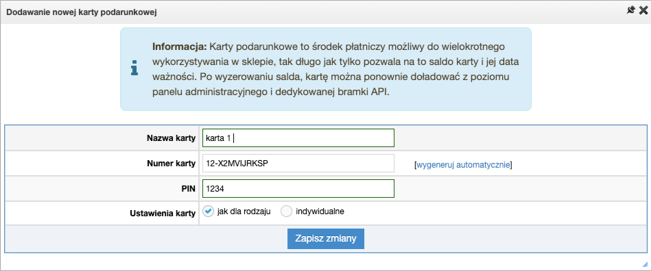 Dodawanie pojedynczej karty podarunkowej