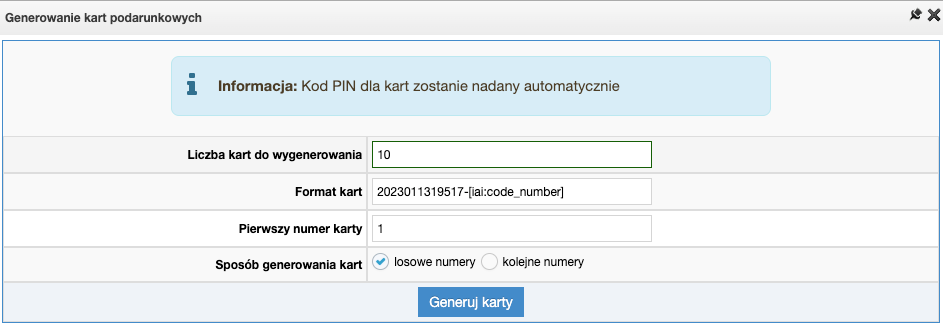 Generowanie automatyczne numerów kart podarunkowych według schematu