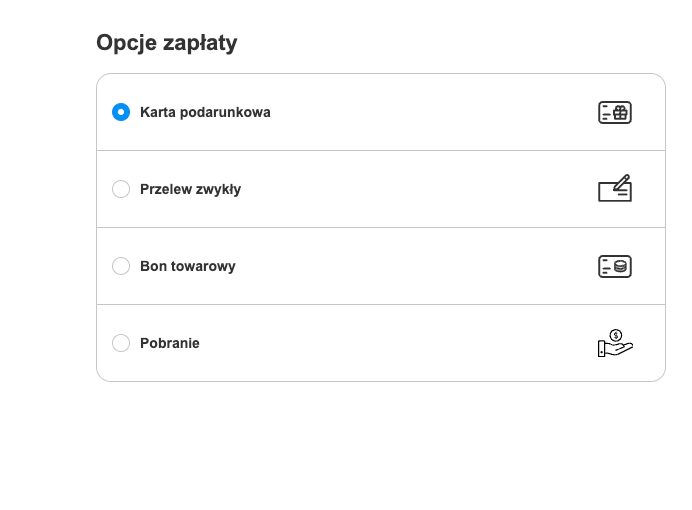 Wybów formy płatności w sklepie podczas procesu zakupowego