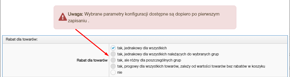 Rabat zaawansowany - opcje niedostępne przed zapisaniem