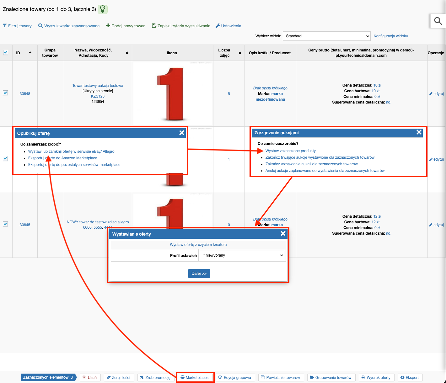 Wystawianie ofert Allegro/eBay z poziomu listy produktów